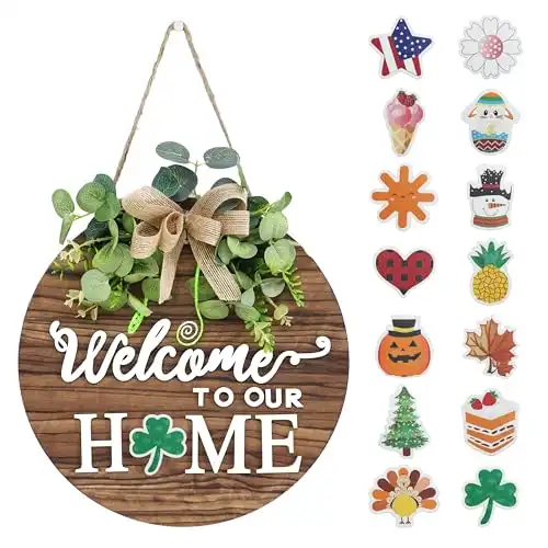 Interchangeable Seasonal Welcome Sign Front Door Decoration, Rustic Round Wood