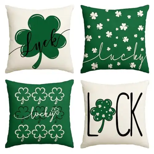 St Patrick's Day Lucky Clover Throw Pillow Covers, 18 x 18 Inch, Set of 4