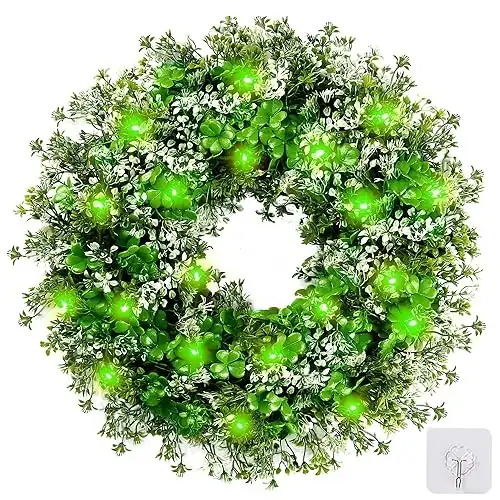 St. Patrick's Day Shamrocks Wreath for Front Door with 30 Green Lights