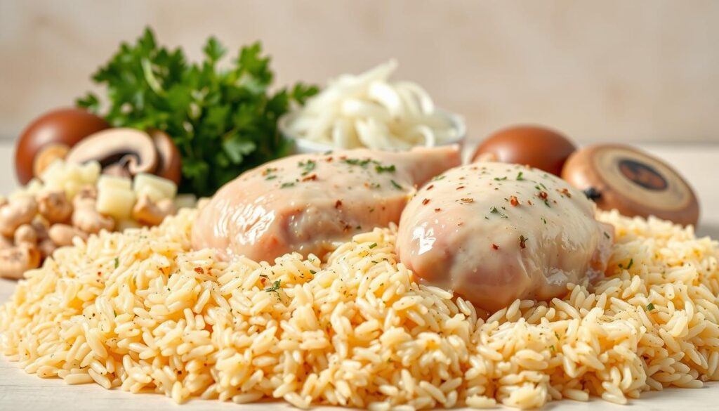 ingredients for one-pot creamy chicken and rice