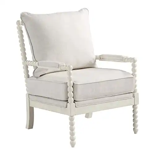Spindle Accent Chair with Antique White Wood Frame, White Linen Fabric