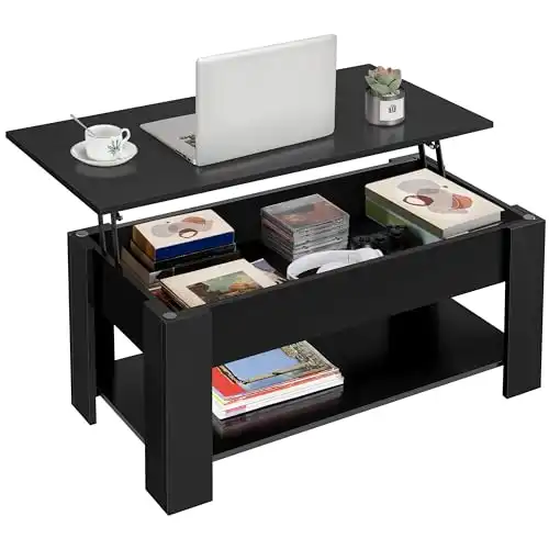 Wooden Lift Top Coffee Table with Large Hidden Storage Shelf, 38.6in, Black