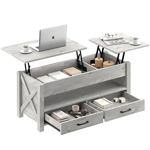 Lift Top Coffee Table with 2 Storage Drawers and Hidden Compartment and Wooden Lift Tabletop, Gray