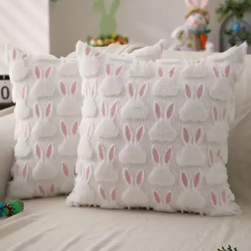 Easter Pillow Covers 18x18 inch Set of 2 - Soft Plush Faux Fur Jacquard Throw Pillows