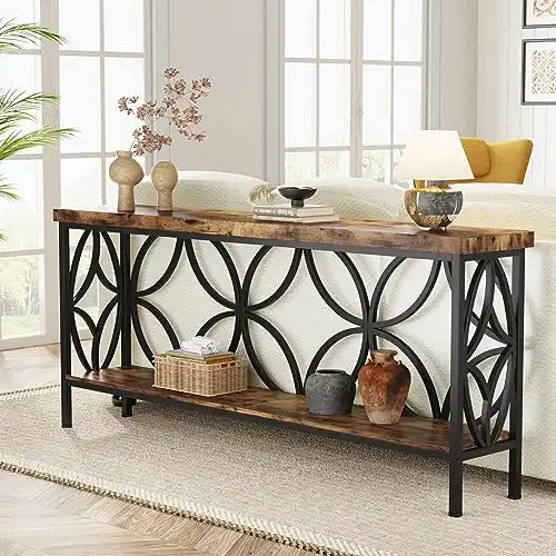 70.9-Inch Narrow Sofa Table, Industrial Long Sofa Table Behind Couch, Entry Console Table with Storage for Entryway, Rustic Brown