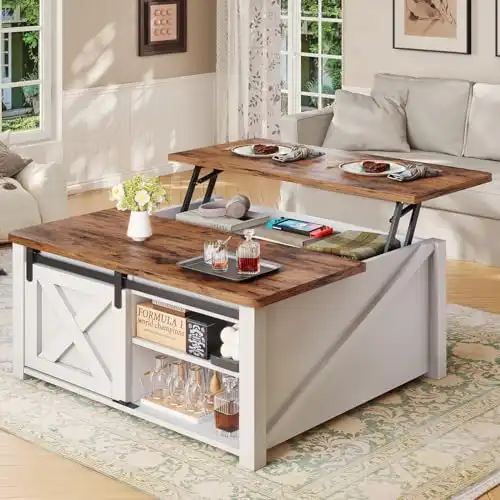 Lift Top Coffee Table with Storage with Large Hidden Storage Compartment and Adjustable Shelves, White