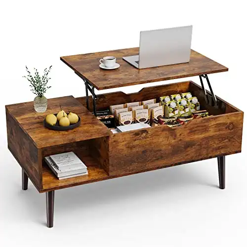 Lift Top Coffee Table, Small Rising Wooden Table with Storage Shelf and Hidden Compartment, Brown