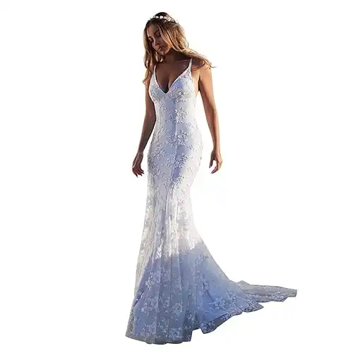 Lace Applique Wedding Dresses for Bride Spaghetti Straps Mermaid V Neck Open Back Bodycon Long Bridal Gown