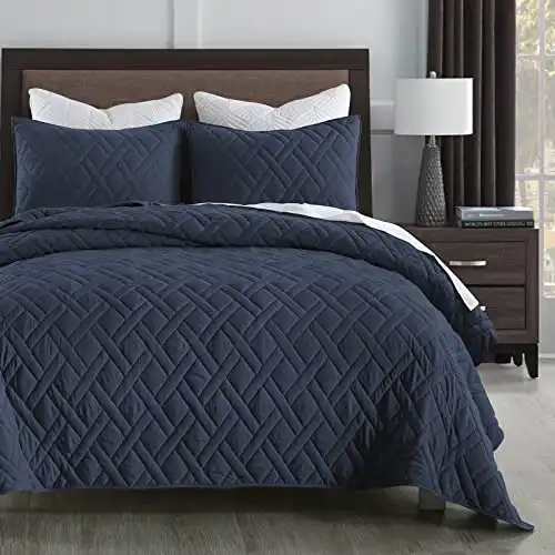 Quilt Set Queen Navy Blue, Classic Geometric Diamond Stitched Pattern, Ultra Soft Microfiber - 1 Quilt 2 Pillow Shams