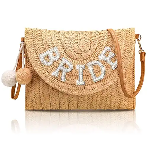 Pinkunn Bride Straw Bag For Women Pearl Rhinestone (Bride Style)