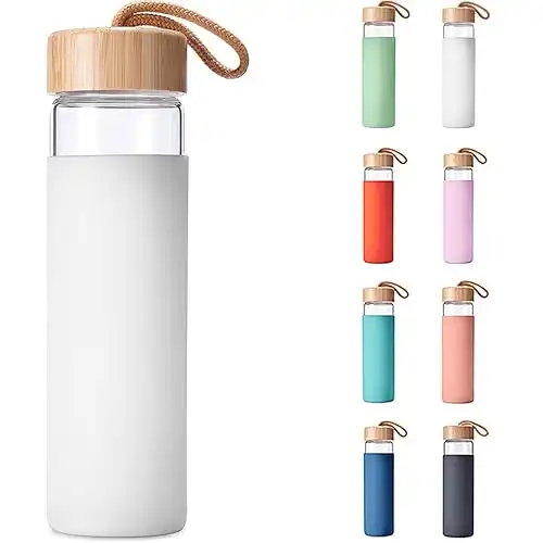 20 Oz Borosilicate Glass Water Bottle with Bamboo Lid and Silicone Sleeve Reusable BPA Free - Glass Shaker Bottle with Brush