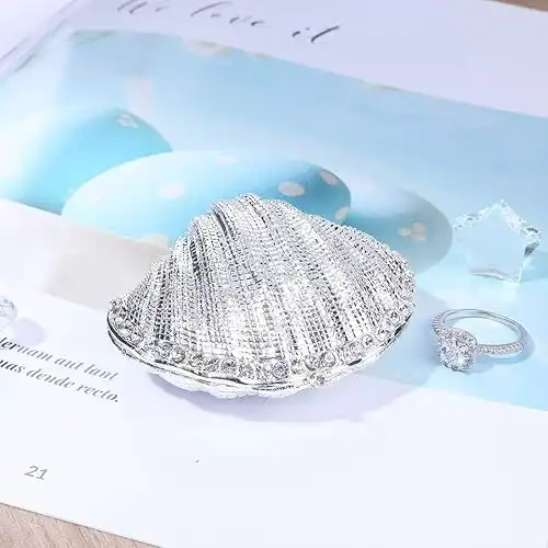 YU FENG Silver Mussel Hinged Trinket Box Wedding Ring Holder Metal Seashell Figurine For Ring Display