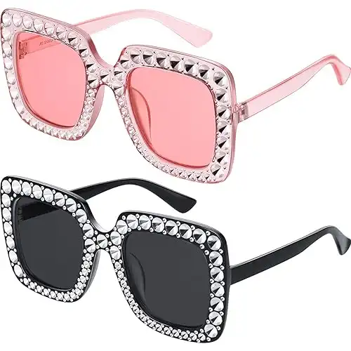 Frienda 2 Pieces Oversize Square Sparkling Sunglasses Retro Thick Frame Sunglasses for Women