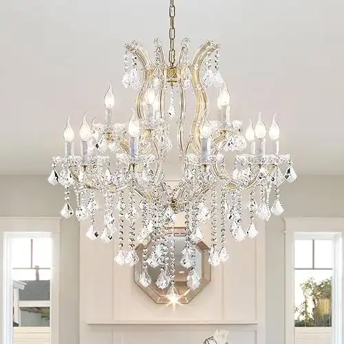 Modern Gold Chandelier Light Fixture - Large Maria Theresa Crystal Chandeliers for Dining Room, Kitchen Island, Living Room, Bedroom, 15 Lights, 2 Layers