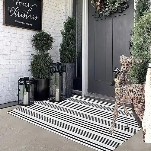 Black and White Striped Outdoor Rug 27.5"x43", Hand Woven Cotton Washable for Layered Door Mats