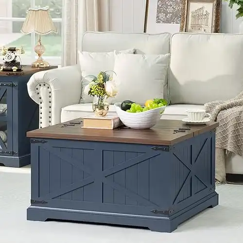 Farmhouse Coffee Table with Large Hidden Storage Compartment, Navy Blue