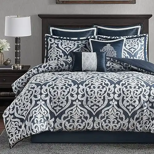 Cozy Comforter Set Jacquard Damask Medallion Design - Modern All Season, Down Alternative Bedding, Navy 8 Piece