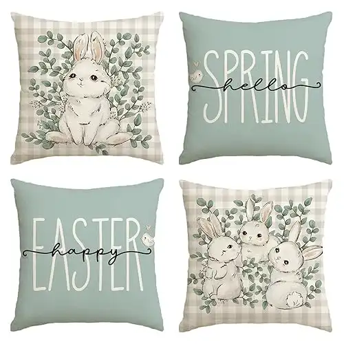 Happy Easter Buffalo Plaid Rabbit Throw Pillow Cover, 18 x 18 Inch Eucalyptus - Set of 4