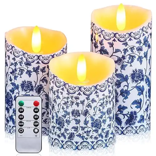 3 Pcs Chinoiserie Flameless Candles Blue and White Battery Operated with Timer