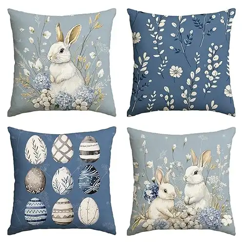 Easter Hydrangea Blue Pillow Covers, 18 x 18 Inch - Set of 4