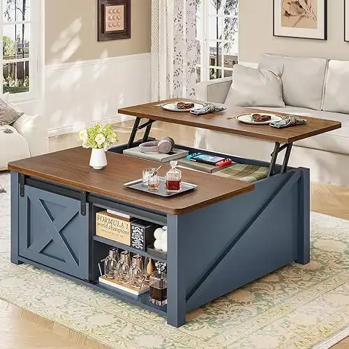 Lift Top Coffee Table with Storage, Large Hidden Storage Compartment and Adjustable Shelves, Blue