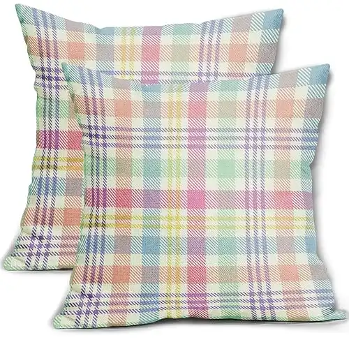 Spring Plaid Pillow Covers 18x18 Inch, Set of 2