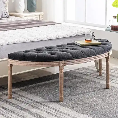 55" End of Bed Bench Vintage Half Moon Upholstered Fabric Semi-Circle Entryway Bench with Padded Seat & Wood Legs