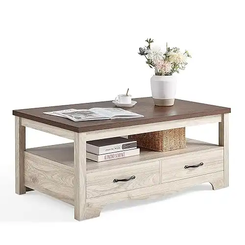Farmhouse Coffee Table, Storage Drawers with Metal Handles, Oak and Brown