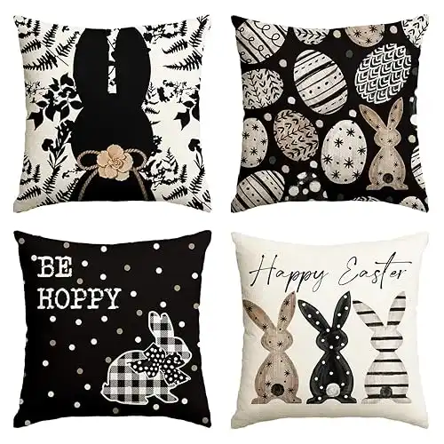 Happy Easter Be Hoppy Black Pillow Covers, 18 x 18 Inch Set of 4