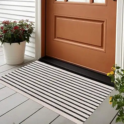 Black and White Striped Rug Doormat 24"x35" Washable - Layered Door Mats Outdoor Cotton