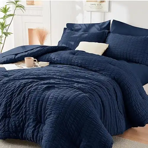 Navy Blue Queen Comforter Set Seersucker 7 Pieces