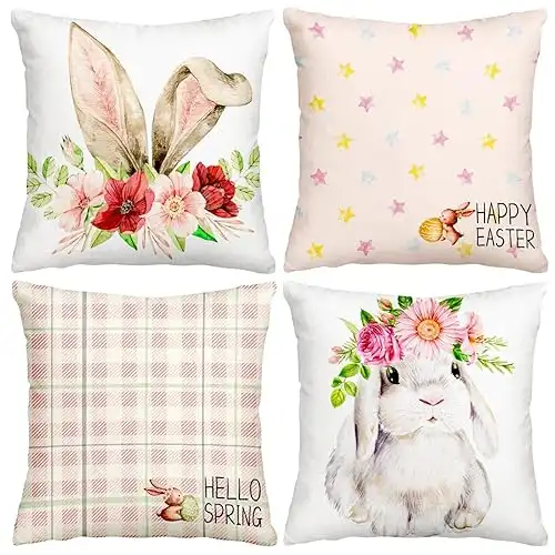 Easter Pillow Covers, 18x18 Inch Set of 4 Happy Easter Hello Spring Bunny Floral Throw Pillow Covers