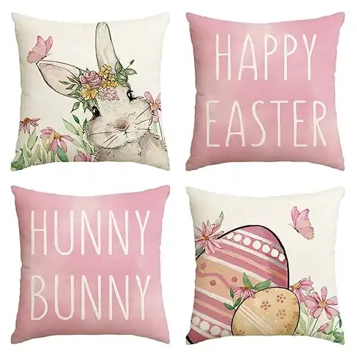 Happy Easter Hunny Bunny Pink Pillow Covers, 18 x 18 Inch Set of 4