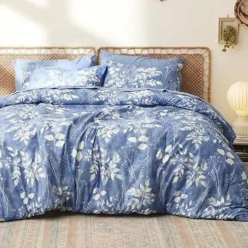 Comforter Set - 7 Pieces Floral Blue Soft Bedding Sets, Botanical Flowers Comforter, Sheets, Pillowcases & Shams