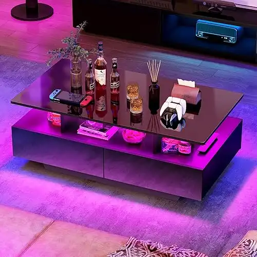 LED Coffee Table with Storage, Open Display Shelf & Sliding Drawers, Black