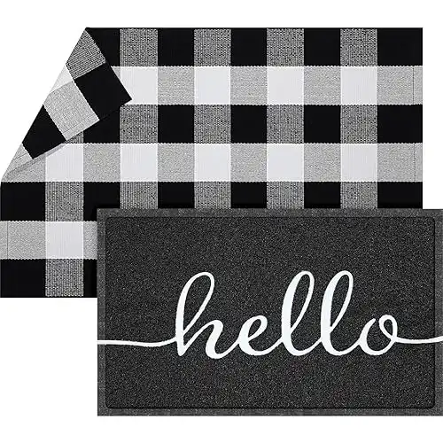 2 Pcs Hello Doormat 30'' x 18'' Rustic Buffalo Outdoor Rug 43'' x 27.5'' Door Mats for Front Door