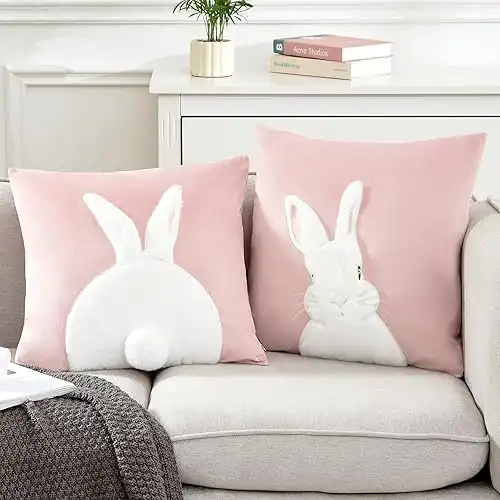 Velvet Embroidered Bunny Rabbit Pillow Covers, 18x18, Set of 2