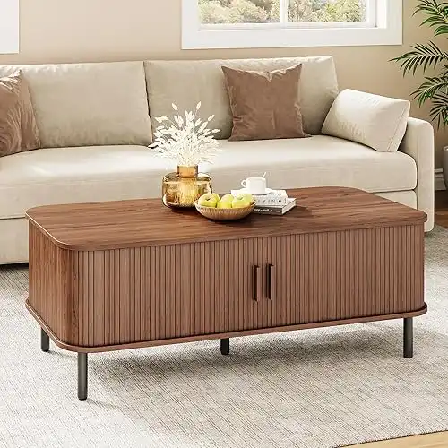Mid Century Modern Coffee Table, Rectangle Table with Sliding Tambour Door & Adjustable Leg, Walnut