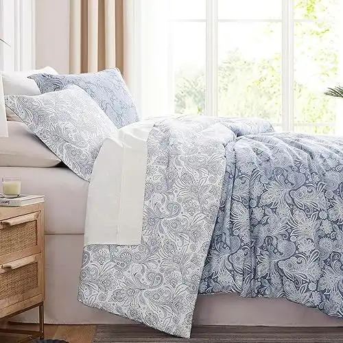 Duvet Cover Set Reversible, Includes 1 Duvet Cover and 2 Pillow Shams, Easy Care, Paisley Blue