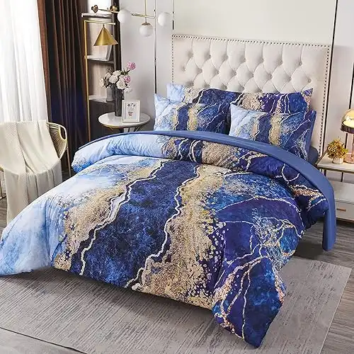 6 Pcs Bed-in-A-Bag Blue Watercolor Marble Printed Comforter Set with Matched Sheets