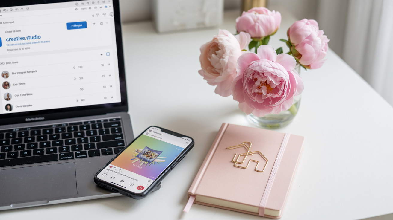 Flat lay of a laptop, smartphone showing an Instagram post, a pink notebook with a house-shaped paperclip, and a vase of pink peonies on a white desk — representing a realtor or small business owner using Instagram for marketing.