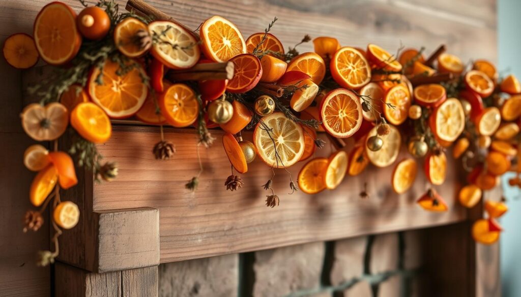 A captivating dried fruit garland adorns a rustic wooden mantel, casting a warm, cozy glow. Delicate slices of oranges, lemons, and apples are carefully arranged in a lush, cascading display, their natural hues accentuated by soft, diffused lighting. The garland's earthy tones and textures complement the weathered wood, creating a charming, natural ambiance. Wispy strands of dried herbs and cinnamon sticks add depth and visual interest, while a subtle, earthy fragrance pervades the scene. The image captures the simple elegance and timeless appeal of this handmade dried fruit decoration, reflecting the natural beauty of the "The Natural Beauty of Dried Fruit Decorations" section.