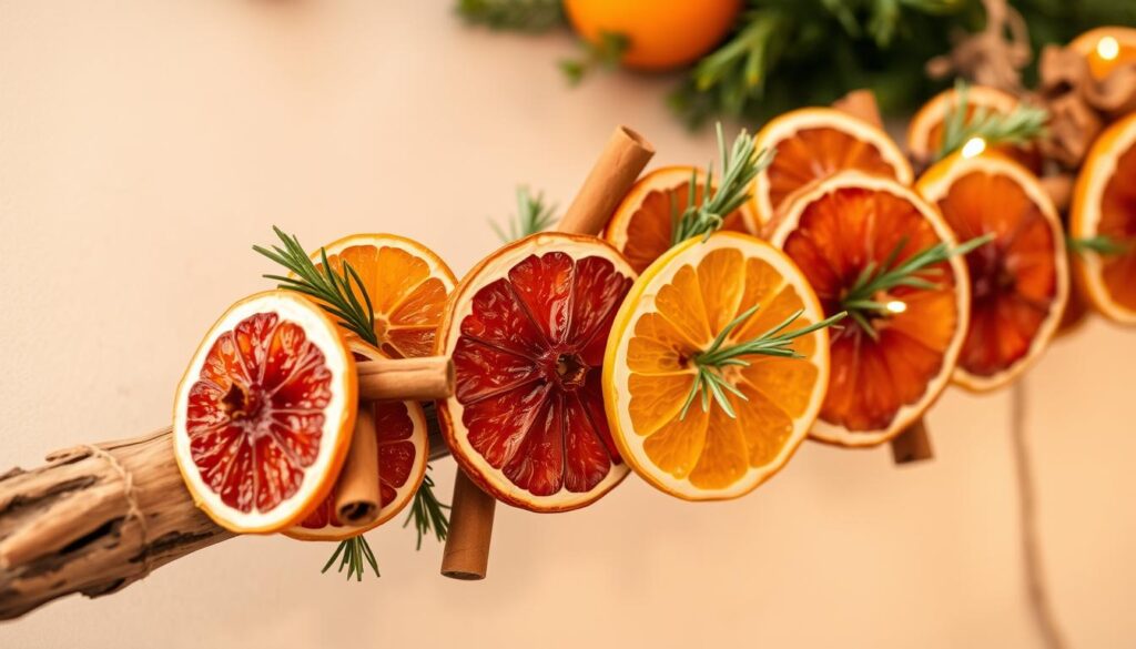 A classic dried fruit garland, featuring a vibrant arrangement of citrus wheels, adorned with cinnamon sticks, dried orange slices, and fragrant rosemary sprigs. The garland is draped elegantly across a rustic wooden dowel, creating a timeless, natural aesthetic. Soft, warm lighting casts a cozy glow, accentuating the rich hues and textures of the dried fruits. The composition is balanced and visually appealing, with the citrus wheels acting as the focal point, complemented by the supporting elements. The overall mood is one of warmth, coziness, and a touch of holiday charm, perfect for enhancing the ambiance of any home.