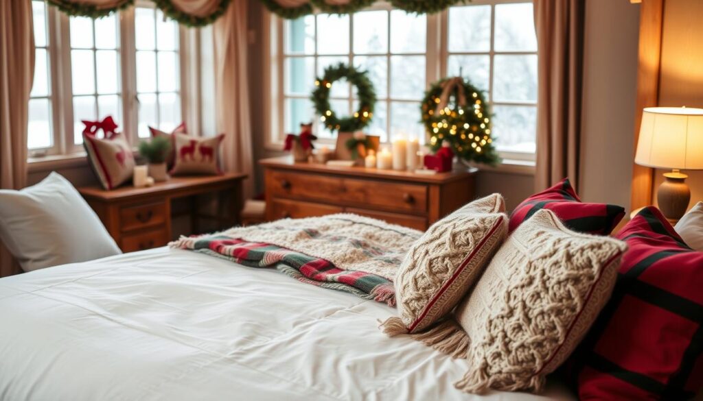 A cozy and inviting guest room adorned with festive decor. In the foreground, a plush king-size bed with crisp white linens and a fluffy red and green plaid comforter. Atop the bed, an array of holiday-themed throw pillows and a knitted blanket. In the middle ground, a rustic wooden dresser with a glowing candle centerpiece and a small Christmas tree with twinkling lights. The background features a large window with frost-edged panes, offering a snowy winter landscape. Warm golden lighting casts a soft glow throughout the space, creating a serene and welcoming ambiance. The overall scene exudes the spirit of holiday hospitality.