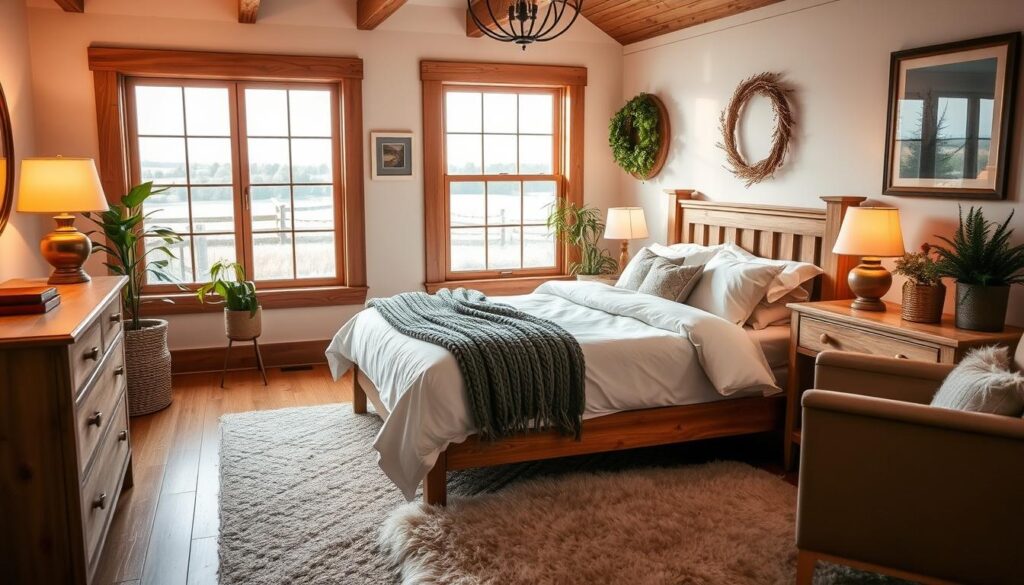 A cozy guest bedroom with warm, inviting lighting, featuring a plush queen-sized bed dressed in crisp white linens and a cozy gray knitted blanket. The room has a rustic, farmhouse-inspired aesthetic, with natural wood furniture and accents, including a nightstand, dresser, and armchair. Soft, ambient lighting from a brass floor lamp and bedside table lamp creates a relaxing ambiance. Large windows allow natural light to pour in, revealing a pastoral landscape outside. Lush houseplants and a fluffy area rug add organic touches, while framed landscape artwork and a wreath above the bed's headboard complete the welcoming, homey atmosphere.