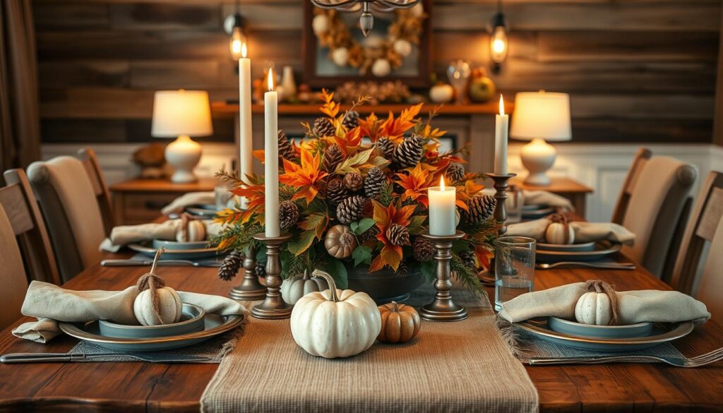 A cozy, rustic Thanksgiving table set with natural wood and earthy elements. The centerpiece features a bountiful arrangement of autumn foliage, pinecones, and gourds in warm hues. Vintage-inspired candle holders and tarnished silver serveware add to the rustic charm. Mismatched linen napkins and a burlap table runner create a layered, lived-in look. Soft, diffused lighting from table lamps and wall sconces casts a gentle, intimate glow over the scene. The overall mood is one of gathered simplicity and heartfelt hospitality, perfect for a memorable Thanksgiving celebration.