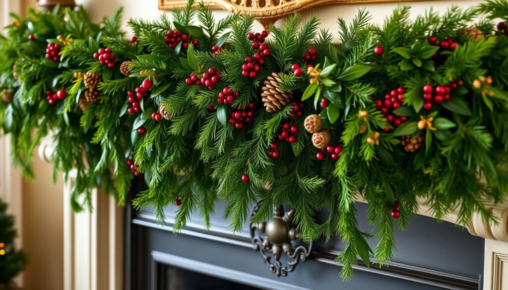 A lush, full Christmas garland draped gracefully across a traditional fireplace mantel, adorned with clusters of vibrant evergreen foliage, pinecones, and delicate sprays of red berries. Soft, warm lighting casts a cozy glow, highlighting the natural textures and colors. The garland cascades elegantly, its gentle curves accentuating the ornate mantel design. A sense of festive elegance and seasonal charm permeates the scene, creating an inviting, holiday-inspired ambiance perfect for the "Seasonal Greenery and Botanicals for Your Mantel" section.