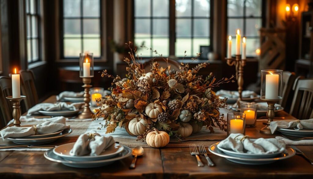 A rustic Thanksgiving table set in a cozy, candlelit room. On the center of the wooden table, a centerpiece of dried flowers, leaves, and pumpkins, artfully arranged. Mismatched vintage plates, silverware, and linen napkins create an effortless, relaxed aesthetic. Flickering candles in brass and glass holders cast a warm glow, illuminating the textures of the natural elements. Soft, diffused lighting filters in through large windows, hinting at the autumn landscape outside. The overall mood is one of gathered intimacy, a celebration of the harvest season in a charming, down-to-earth setting.