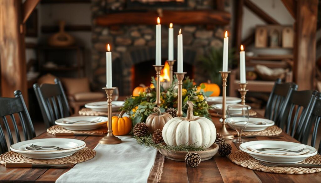 A rustic Thanksgiving table set with natural elements and a cozy, inviting atmosphere. In the foreground, a wooden table is adorned with a linen runner, woven placemats, and vintage-inspired ceramic dinnerware. Mismatched antique silverware and handcrafted taper candles in brass candleholders cast a warm glow. The middle ground features a centerpiece of seasonal foliage, pinecones, and sprigs of rosemary, complemented by a few artfully arranged pumpkins. In the background, a stone fireplace with a crackling fire sets the mood, while exposed wooden beams and walls lend an authentic, country-chic feel to the scene.