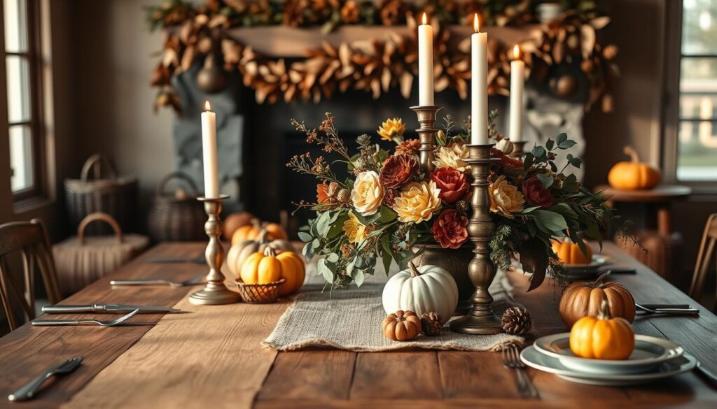A rustic chic Thanksgiving table set against a warm, inviting backdrop. In the foreground, a natural wood table is adorned with a burlap runner, antique silverware, and an elegant floral centerpiece featuring autumnal blooms and foliage. Candlesticks in weathered brass holders cast a soft, ambient glow. The middle ground showcases a mix of woven baskets, pumpkins, and gourds in earthy tones. In the background, a cozy fireplace with a mantle decorated with garlands of dried leaves and pine cones creates a cozy, intimate atmosphere. The lighting is a harmonious blend of natural daylight and subtle, moody shadows. The overall aesthetic is a perfect balance of rustic charm and refined sophistication.